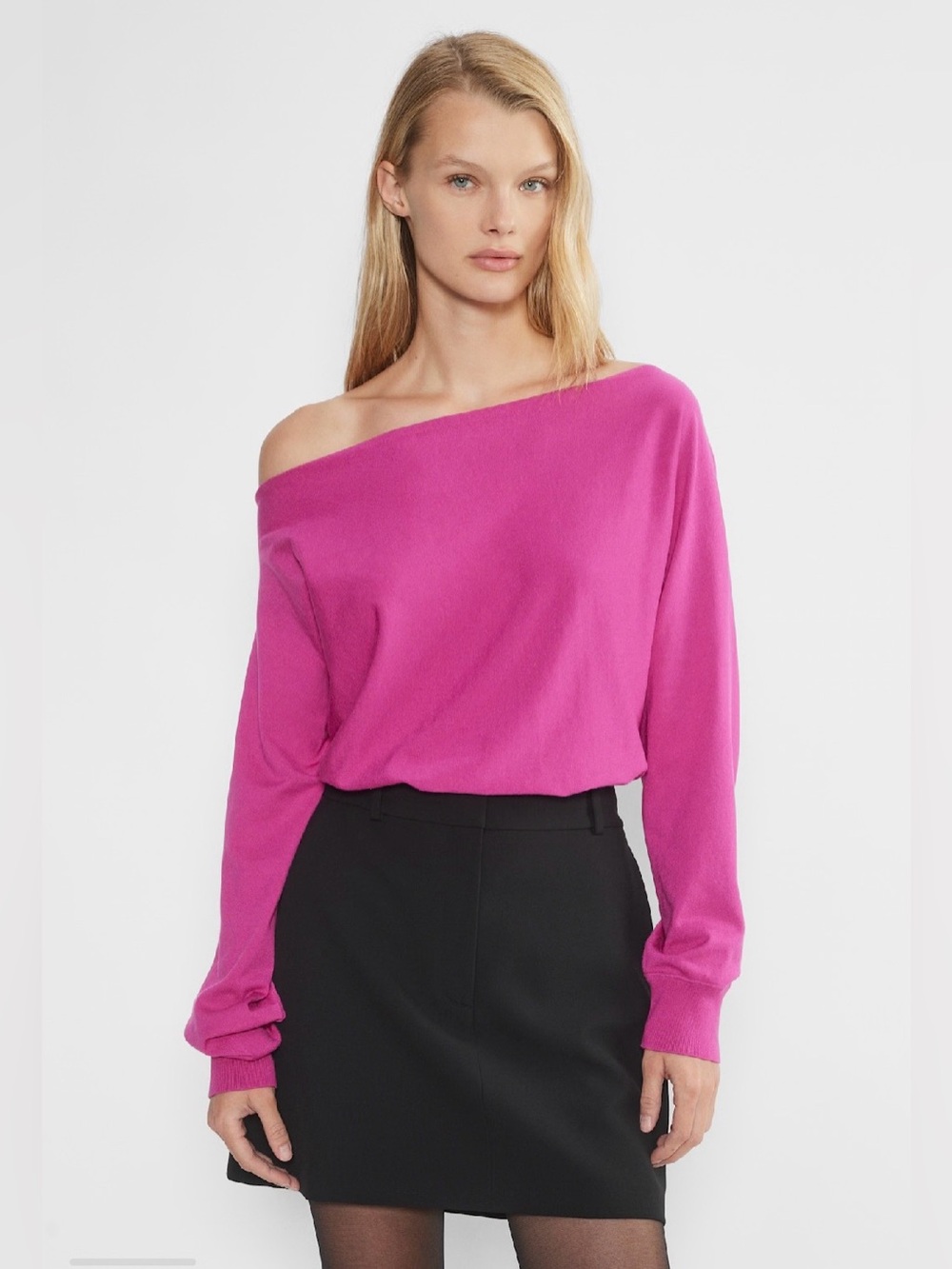 Babaton Inspiration Sweater Off-the-Shoulder Fuchsia Knit Open Boat Neck